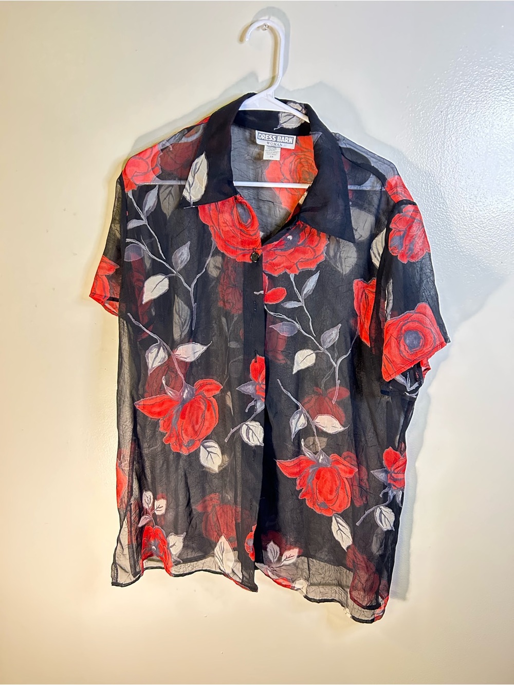 Dress Barn Black Sheer Button-Down Shirt with Red Floral Print